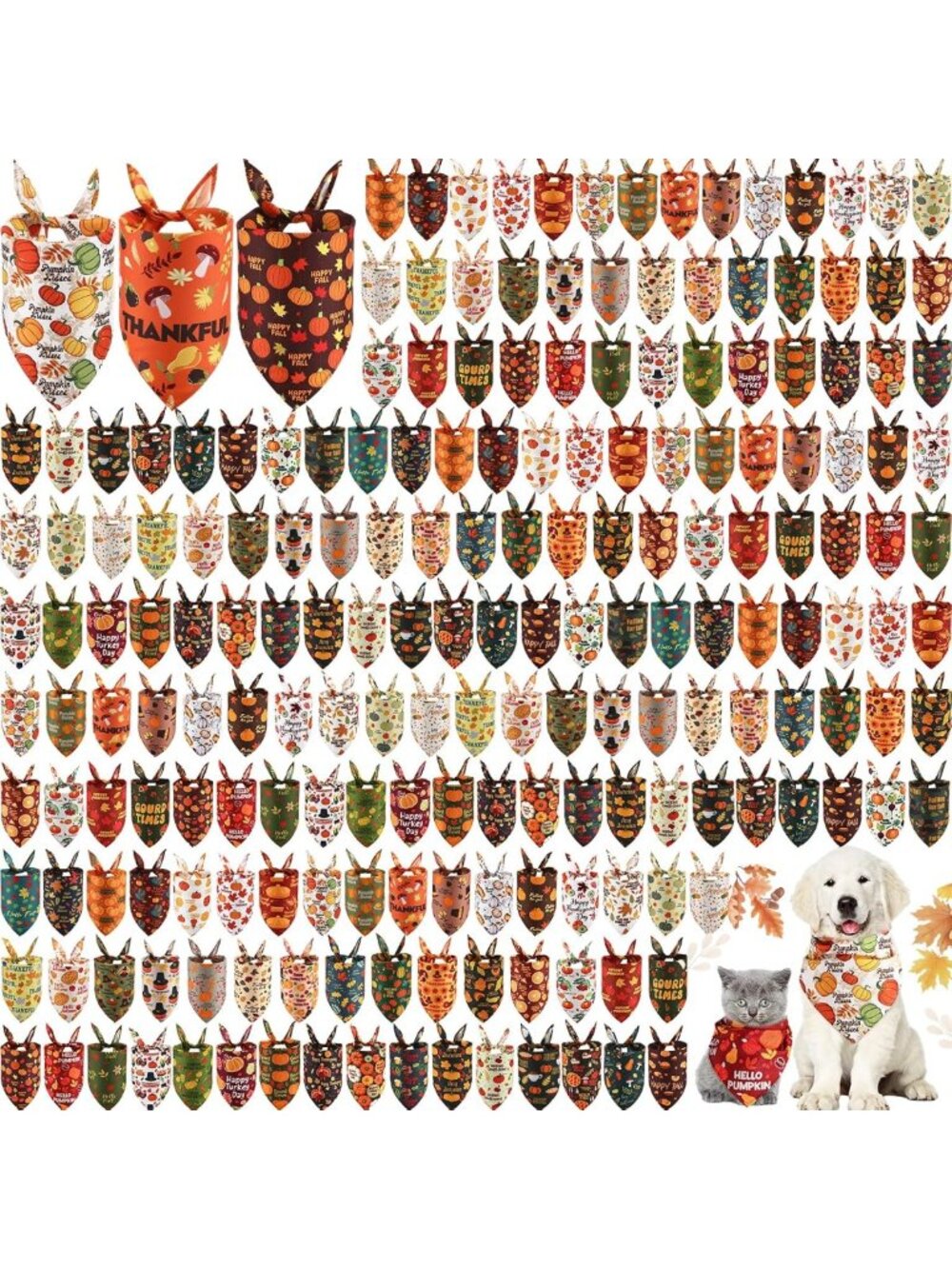 200 Pcs Fall Pumpkins Dog Bandanas | Medium Pet Scarves for Dogs & Cats